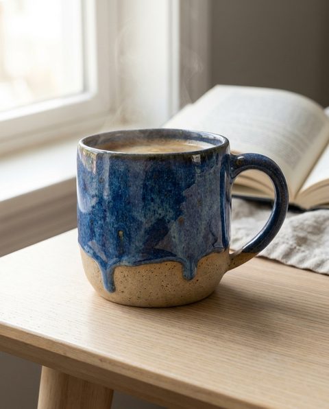 A mesma caneca numa mesa de madeira perto da janela, com café