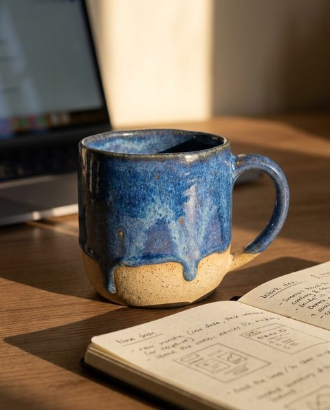 A mesma caneca numa mesa de trabalho, ao lado de um caderno