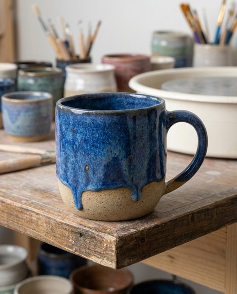 A mesma caneca numa prateleira de ateliê de cerâmica