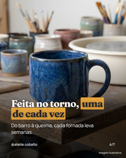 Slide 4: a caneca no ateliê e o título Feita no torno, uma de cada vez