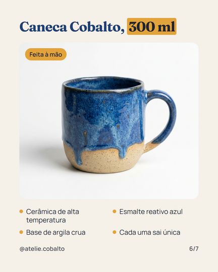 Slide 6, a vitrine: Caneca Cobalto, 300 ml, com quatro pontos do produto