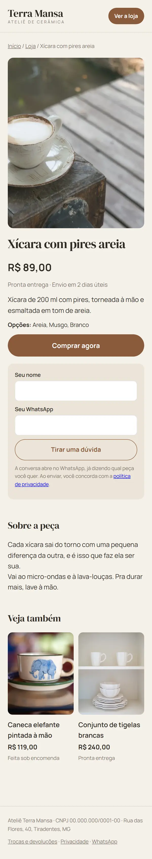 O site de exemplo de loja no celular, inteiro.