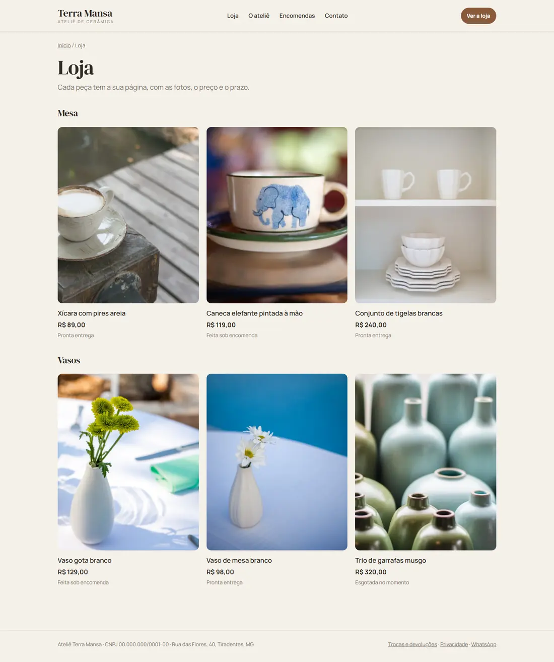 A página inicial inteira do site de exemplo de loja.