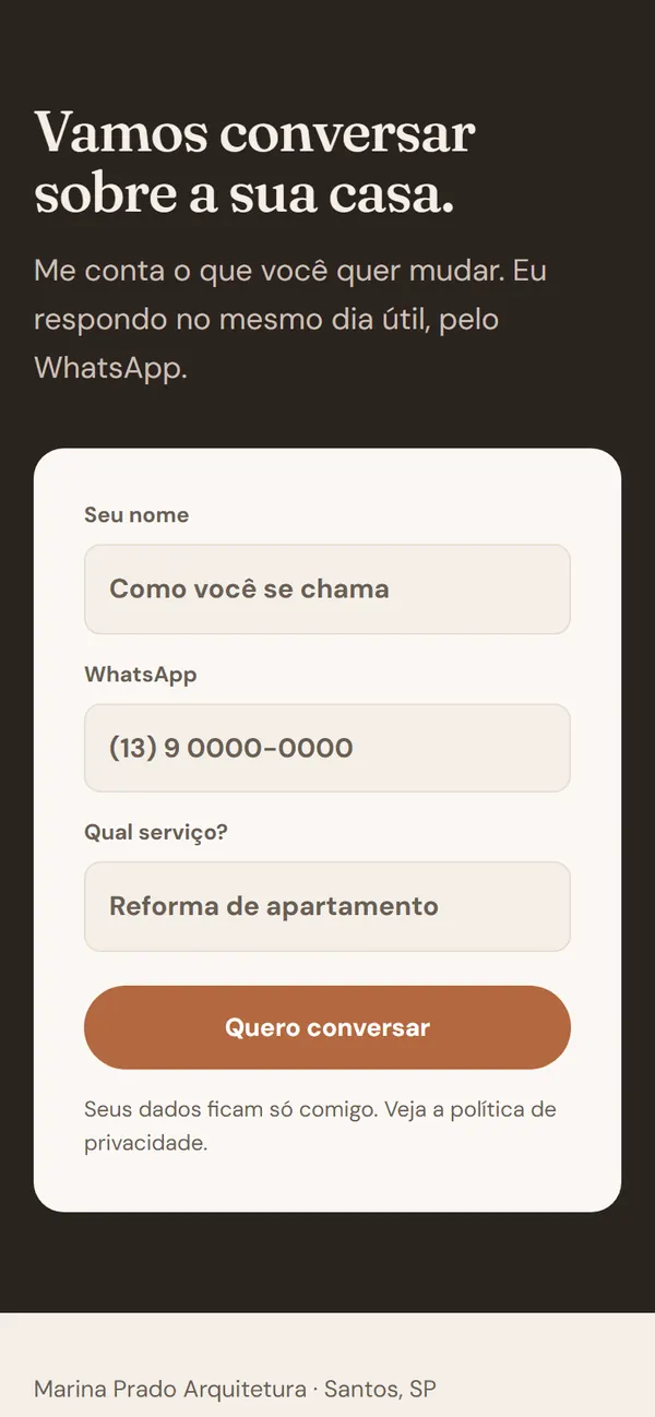 O formulário de contato no celular.