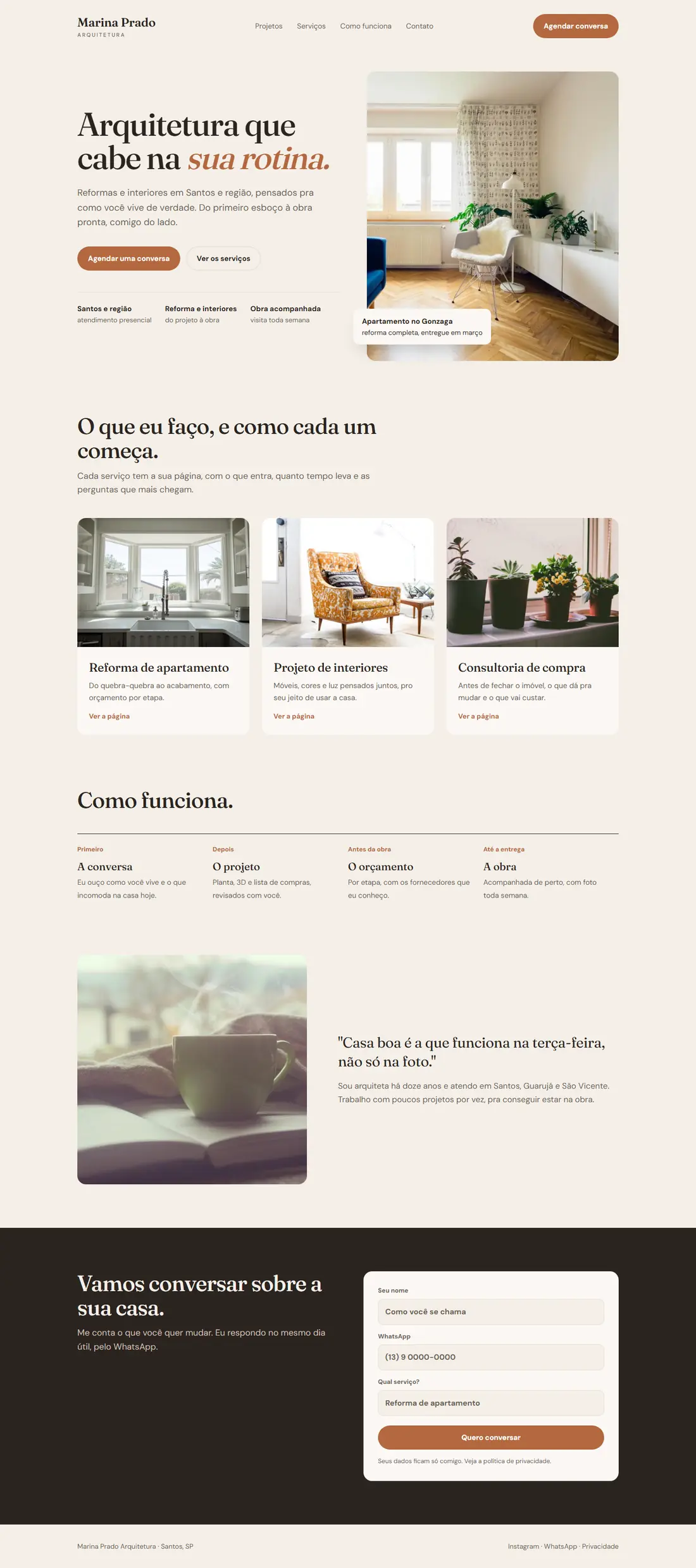 A página inicial inteira do site de exemplo de arquitetura.
