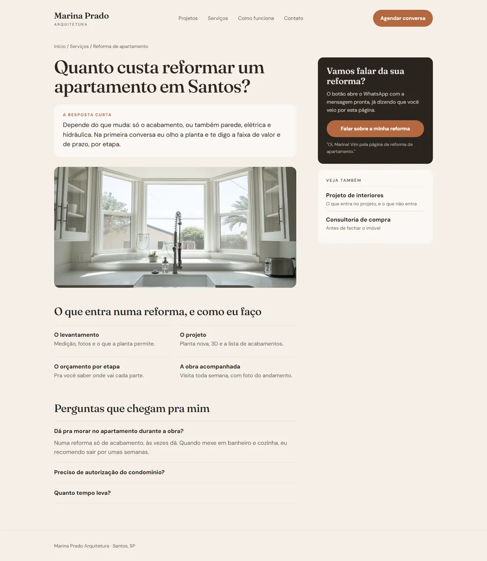 A página de reforma de apartamento inteira, com as seis partes numeradas.