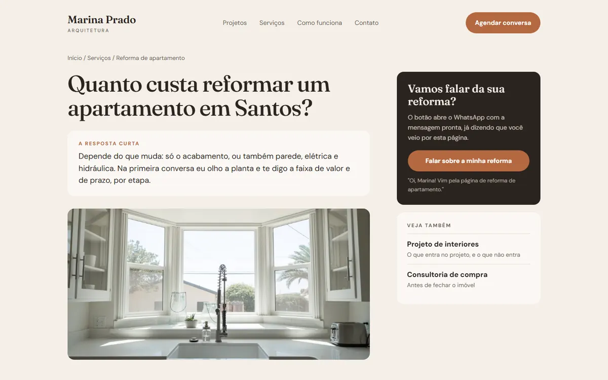 A página de reforma de apartamento, com o título Quanto custa reformar um apartamento em Santos e a resposta curta logo abaixo.