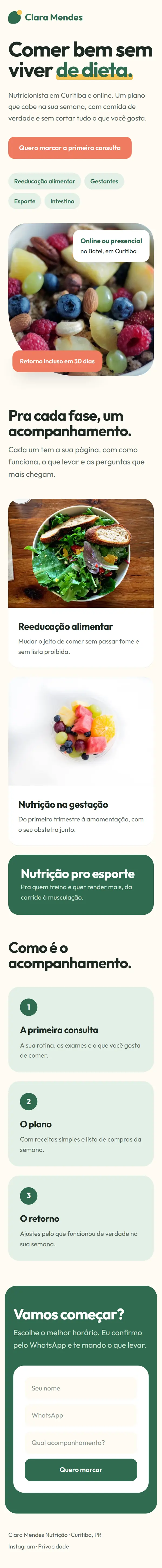 O site de exemplo de nutrição no celular, inteiro.