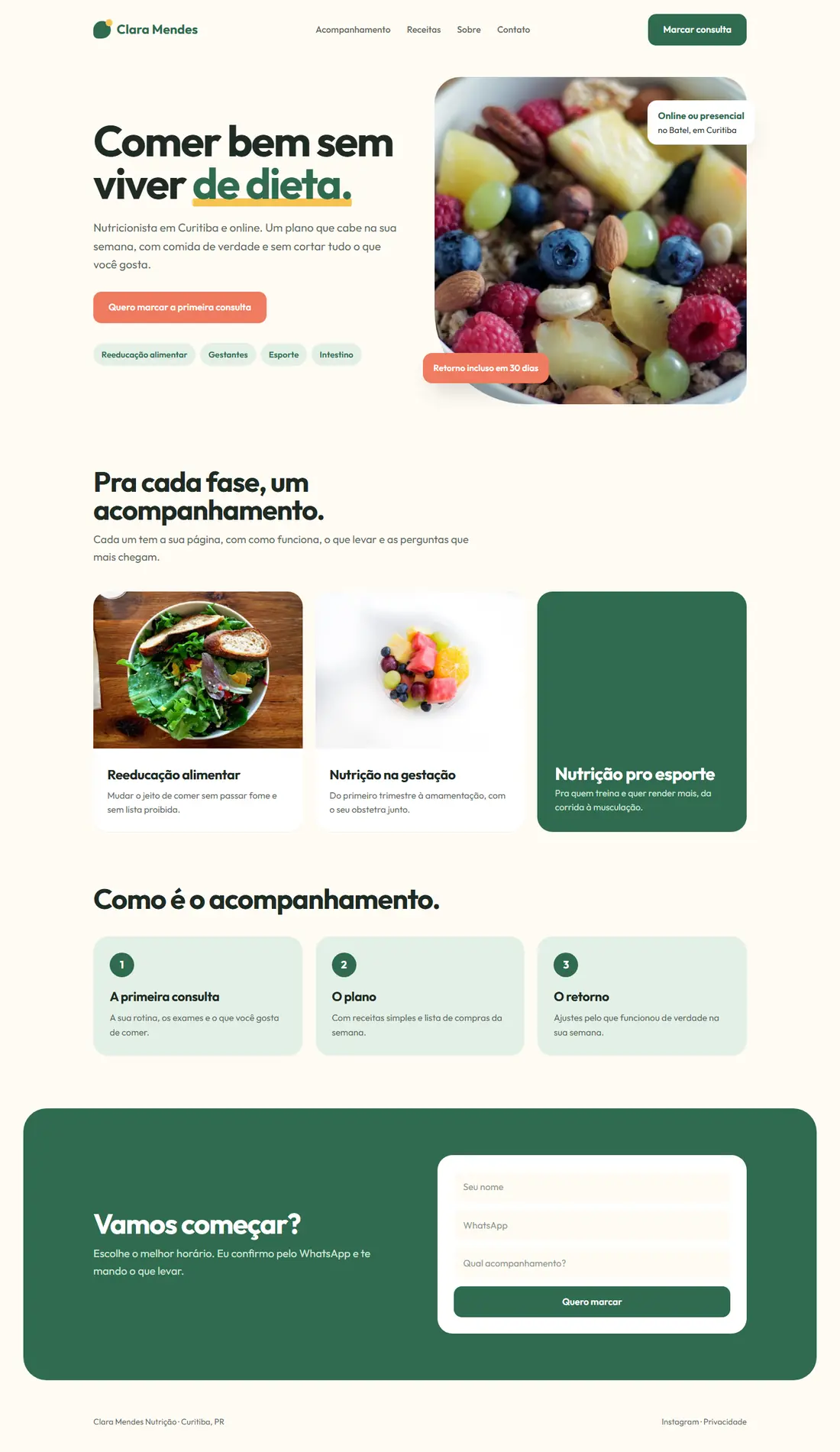A página inicial inteira do site de exemplo de nutrição.