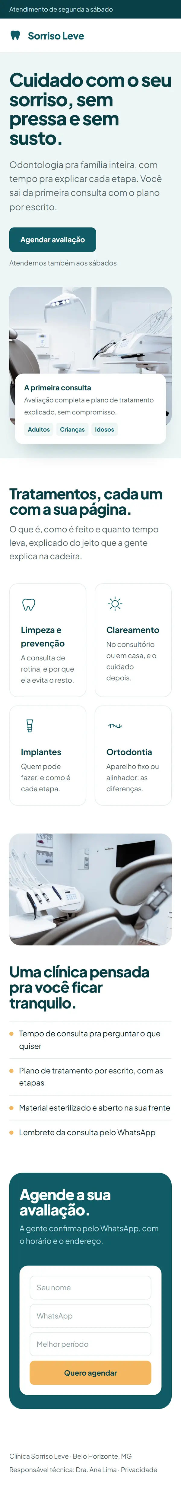 O site de exemplo de odontologia no celular, inteiro.