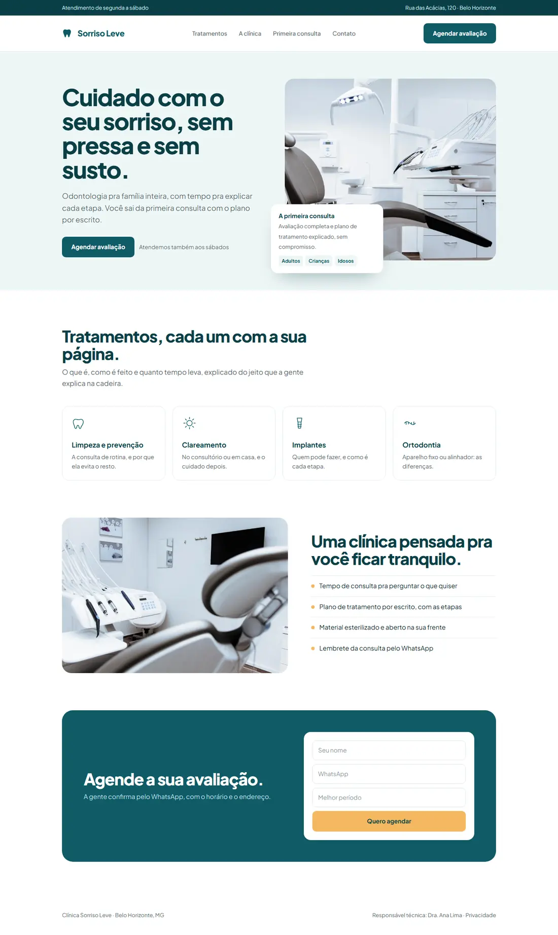 A página inicial inteira do site de exemplo de odontologia.
