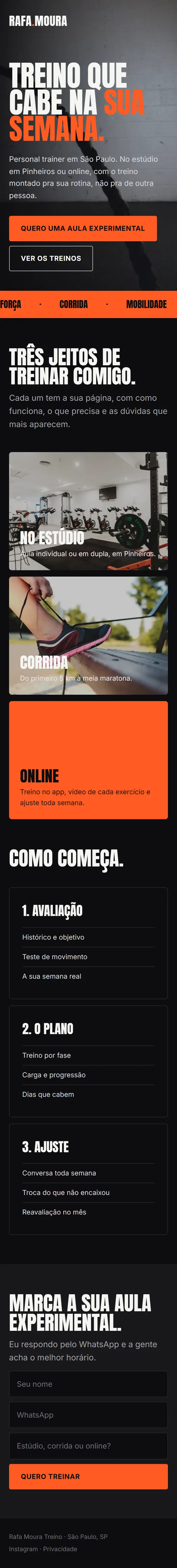 O site de exemplo de personal trainer no celular, inteiro.