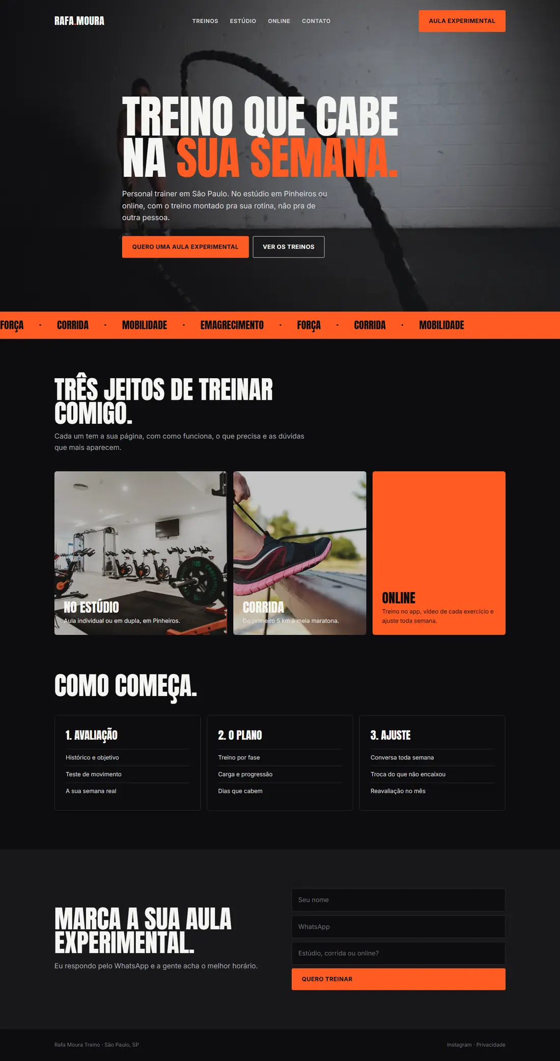 A página inicial inteira do site de exemplo de personal trainer.