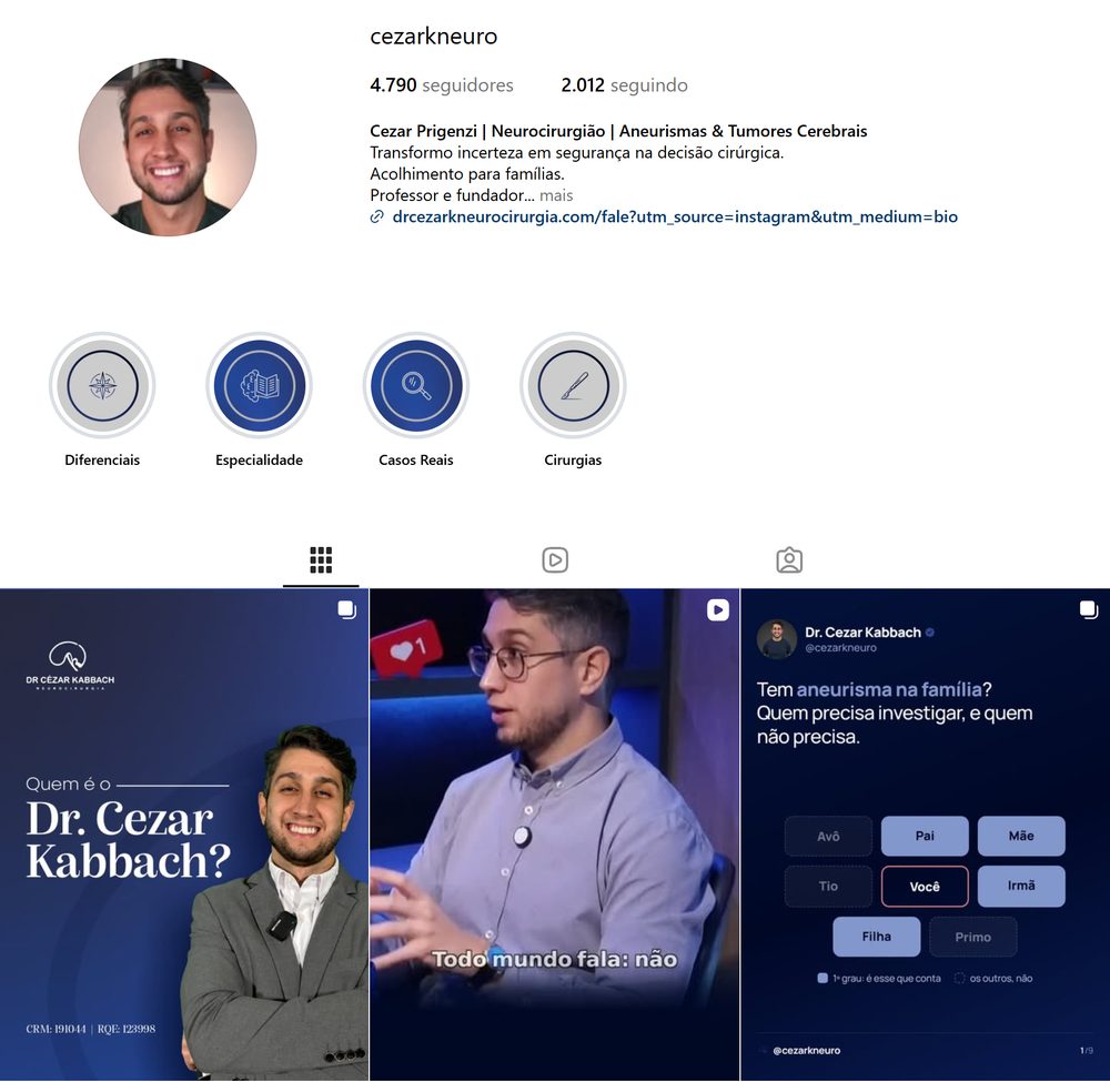 Perfil do Instagram @cezarkneuro, com os primeiros posts da grade